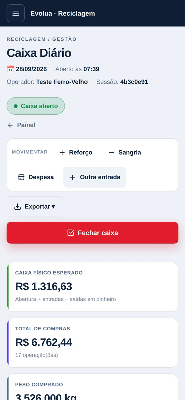 Tela real do Evolua no celular: caixa diário com caixa físico esperado e total de compras