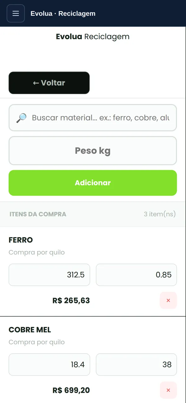 Tela real do Evolua no celular: itens da compra com peso, preço por kg e subtotal